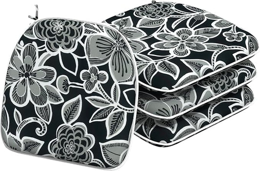 Indoor/Outdoor Chair Cushions 16x17 Inch, Patio Chair Cushions with Ties, All Weather Seat Cushions for Patio Furniture Home Garden Chair Use, Set of 4,Flower Black