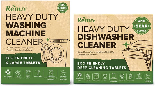 Renuv Washing Machine Cleaner + Dishwasher Cleaner Bundle - Heavy Duty Appliance Deep Cleaning, Descaling and Deodorizing