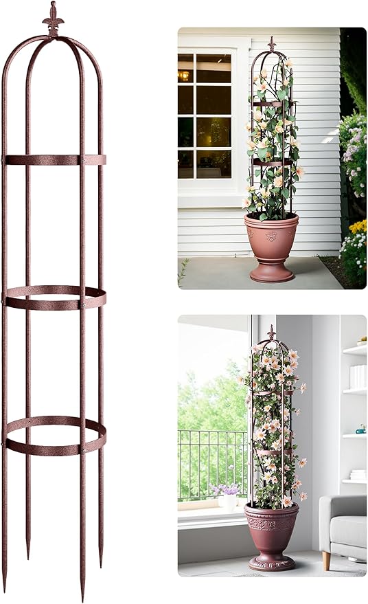 Idzo Trellis for Climbing Plants Outdoor, Garden Trellis Steel, Obelisk Design Hammer Stone Coated, 2025 Bronze Color, Vertical Support for Climbing Plants, Decorative for Outdoor & Indoor Use