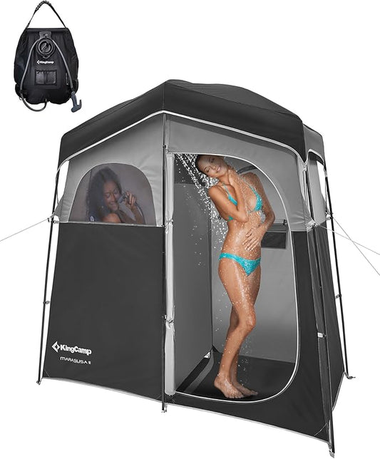 KingCamp Camping Shower Tent, Portable Outdoor Privacy Toilet & Changing Tent Windproof & Waterproof Easy Setup 1 or 2 Room Shelter with Shower Bag for Camping Hiking Beach