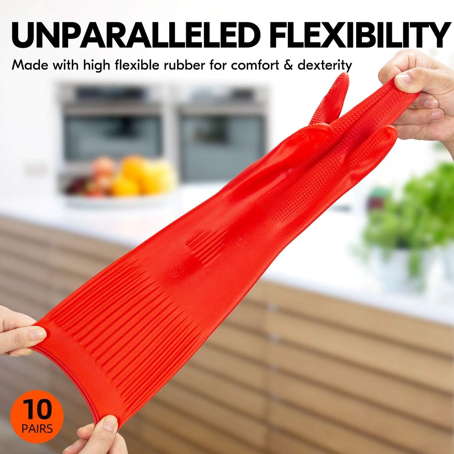 Vgo... 10-Pairs Dishwashing Gloves, Reusable Household Gloves, Long Sleeve, Thick Latex, Cleaning, Washing, Working, Painting, Gardening, Pet Care (Size L, Red, RB2143)