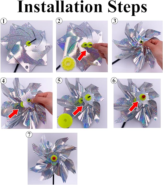 Sparkly Reflective Pinwheels with Stakes, Wind Spinners Outdoor Bird Scare Devices, Foil Pin Wheel Holographic Whirl Windmill for Yard Garden Decor Garden Wind Spinner 6 Packs - Gold