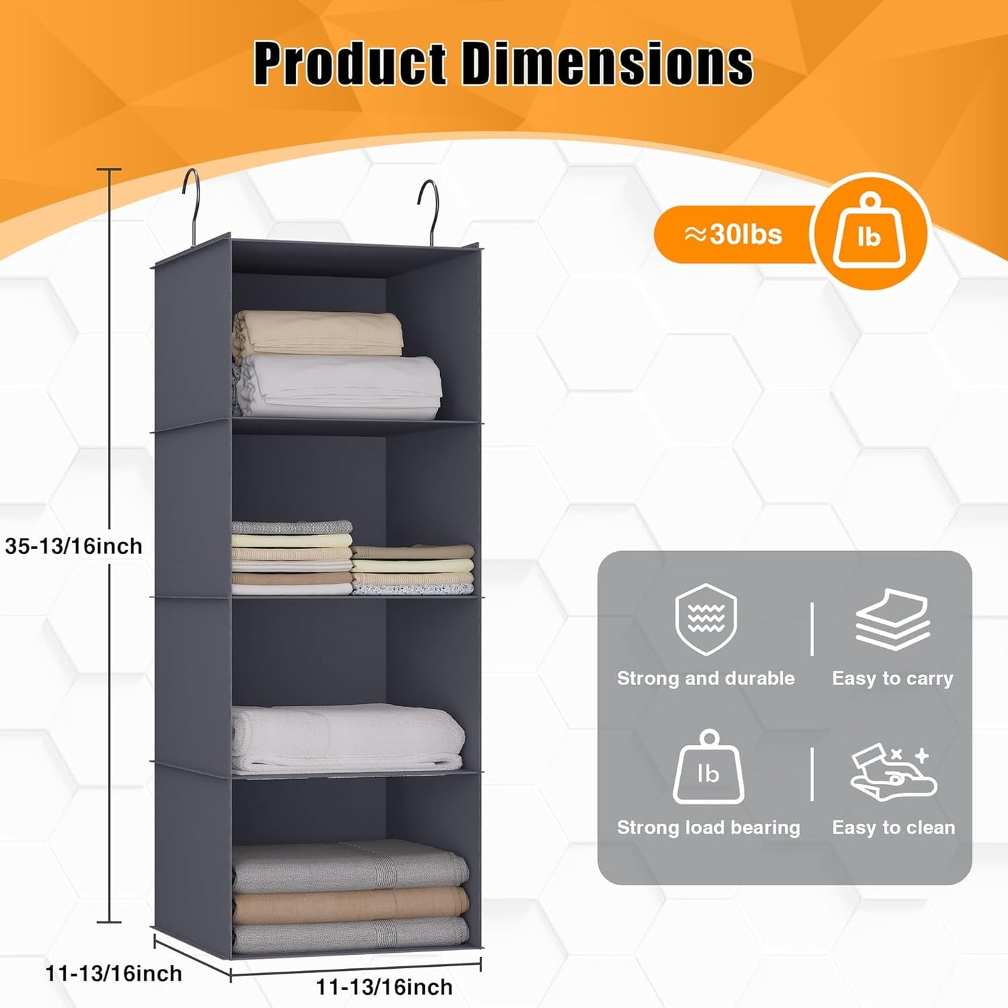 Hanging Closet Organizer, Easy Mount Foldable 4-Shelf Hanging Closet Wardrobe Storage Shelves, Clothes Handbag Shoes Accessories Storage, Washable Oxford Cloth Fabric, Dark Grey