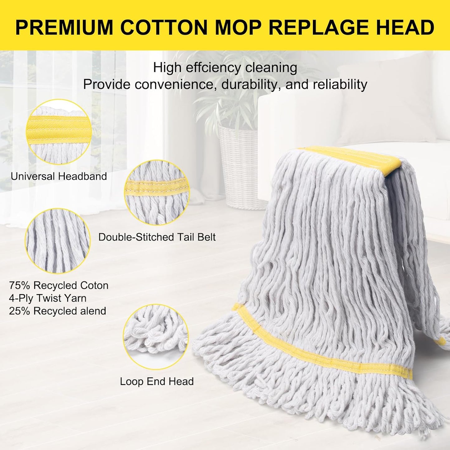 KeFanta 6 Pack Heavy Duty Commercial Mop Head Replacement,Wet Industrial Cotton Looped End String Mops Refill for Floor Cleaning,Yellow