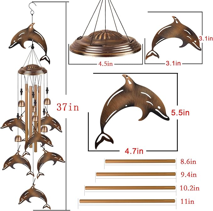 Bronze Dolphin Wind Chimes Decor, Mobile Wind Catcher, Retro Wind Bells, Blessing Wind Chime, Memorial Windchimes for Home, Balcony, Yard, Room, Xmas, Party, Indoor, Garden Decoration, Gifts for Mom