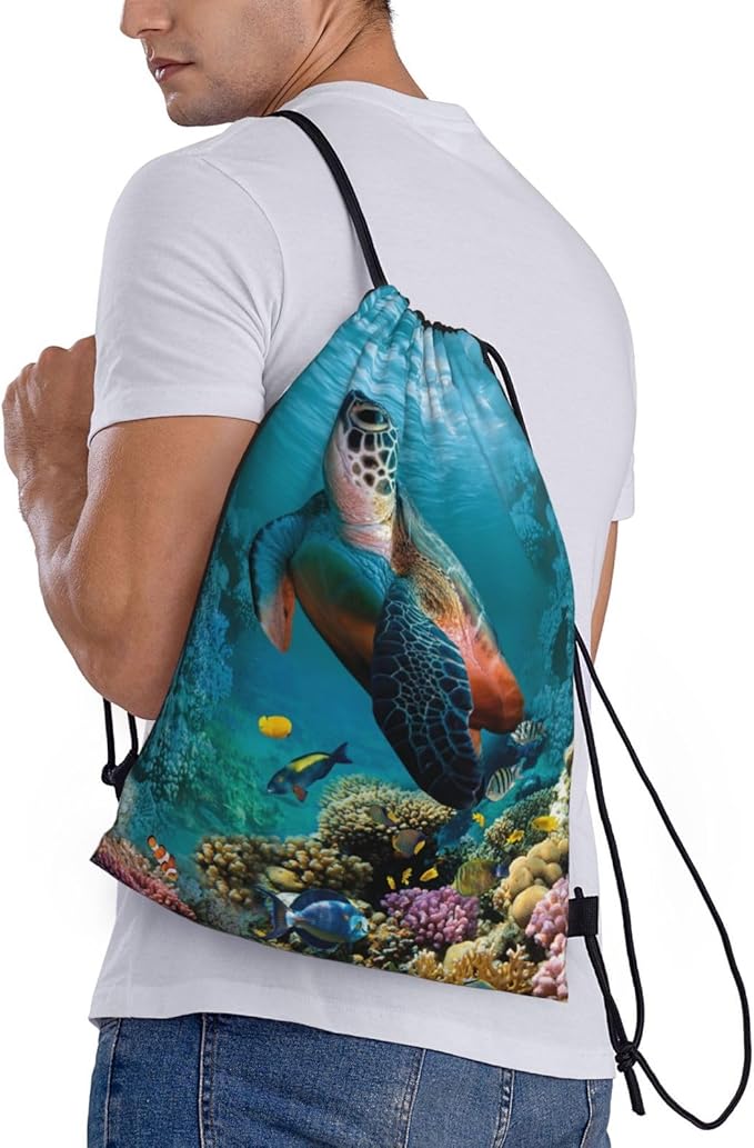 Sea Turtle Drawstring Bags Turquoise Drawstring Backpack Cute Fish Sackpack Draw String Cinch Bags for Sports, Gym, Travel, Swimming, Beach, Camping