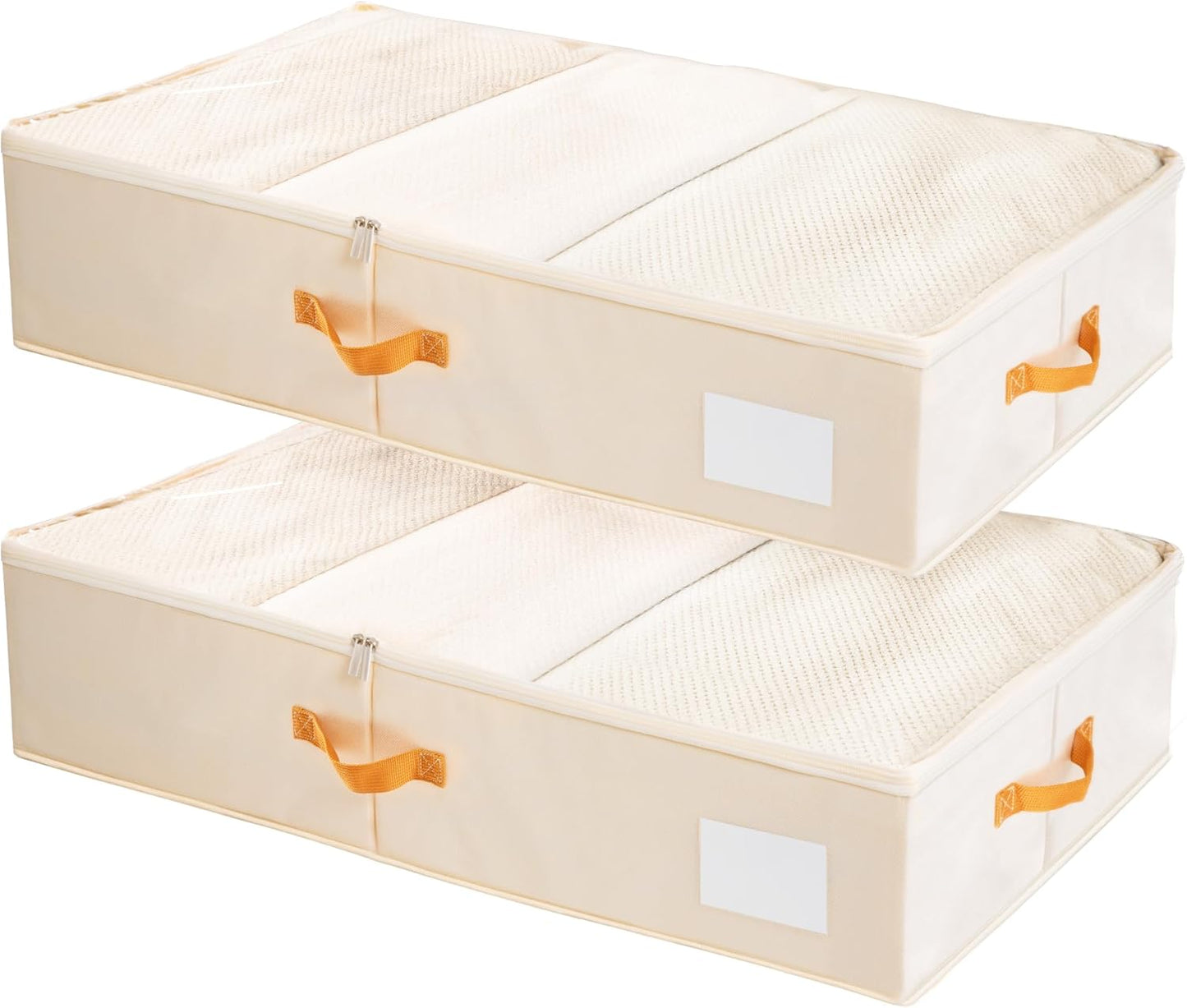 Criusia Under Bed Storage Bins with Clear PVC Lids – 2 Pack Large Underbed Organizers with Heavy-Duty Handles, Reinforced with 800G PP Panels & 80G Non-Woven Fabric – Waterproof & Foldable, Beige