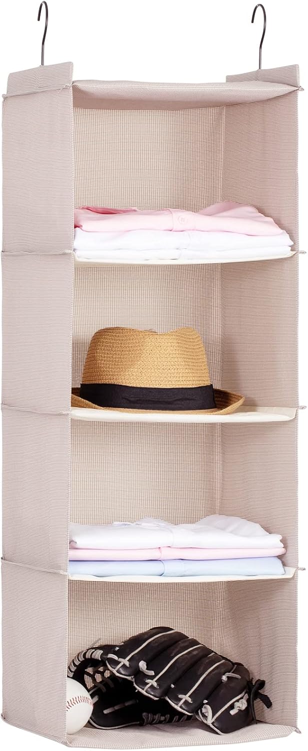 Hanging Closet Organizer and Storage, Foldable 4-Shelf Wardrobe Clothes Shelves Organizer, Imitation Linen Fabric, Beige Houndstooth