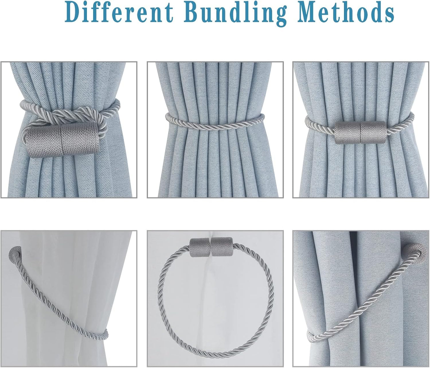 Magnetic Curtain Tiebacks 6 Pack Grey Curtain Rope Tieback Curtain Holders for Drapes Modern Tie Backs Decorative Curtain Holdbacks