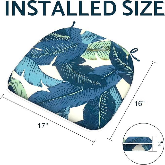 Indoor/Outdoor Chair Cushions 16x17 Inch, Patio Chair Cushions with Ties, All Weather Seat Cushions for Patio Furniture Home Garden Chair Use, Set of 4, Swaying Palms Blue