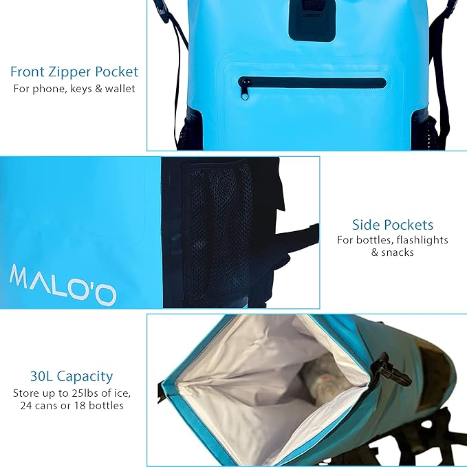 Malo'o Backpack Cooler Bag Holds 24 cans or 18 Bottles and ice - Roll-Top Soft Cooler for Kayaking, Camping, Beach, Fishing, Hiking Daypack & Travel Gear - Closed-Cell Insulation Cooler Backpack