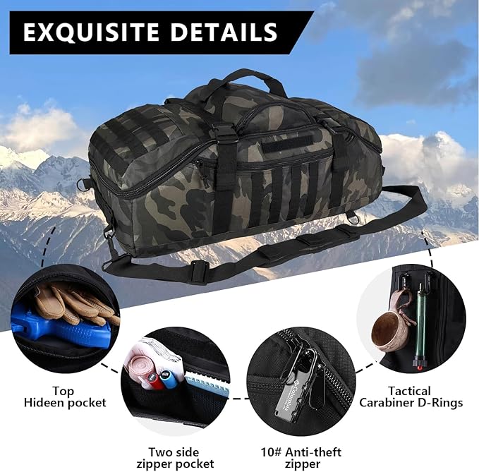 Travel Gym Duffle Bag Tactical, for Men Women Multi-functional Backpack, 3 in 1 Shoulder Bag Backpack Handbag for Sports Hiking Camping, Water Resistant Easy Clean (Black Camo, 55L)