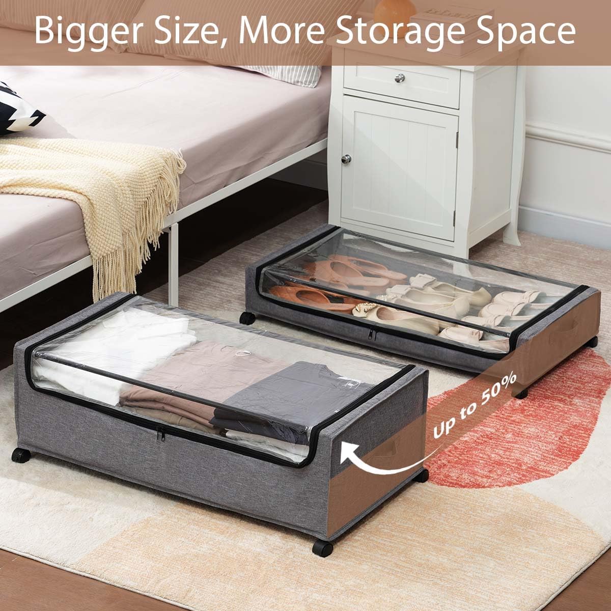 Under Bed Storage with Wheels, Under The Bed Storage Drawers On Wheels, Rolling Underbed Drawers, Lockable, Heavy Duty, XXXXL Size 90L