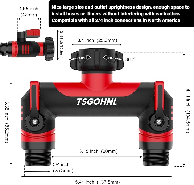 Garden Hose Splitter, 3/4-Inch Hose Manifold, Outdoor Faucet Adapter - Soft TPR Covering - Lightweight Non-Slip Sun-Resistant 2-Way Valve（red）