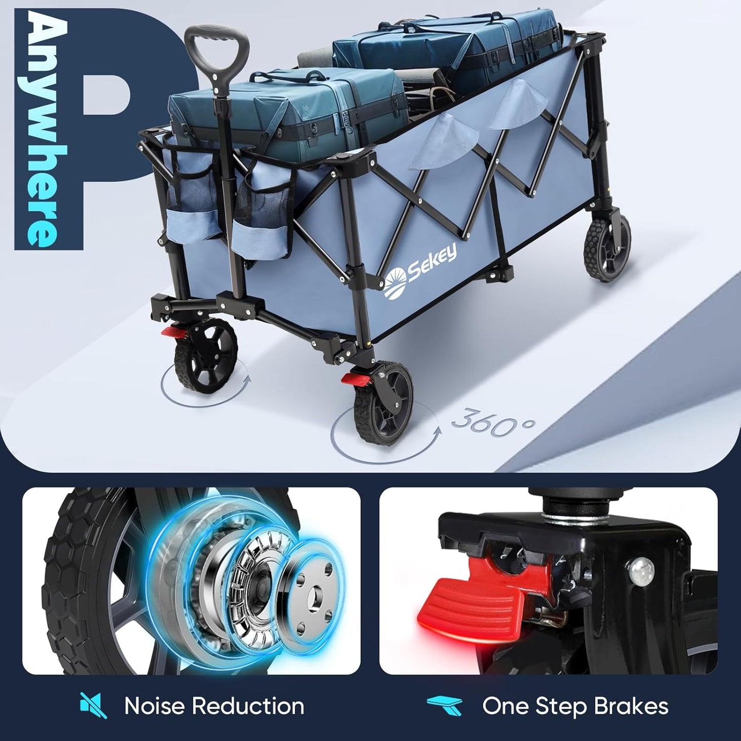 Sekey Collapsible Foldable Wagon with 330lbs Weight Capacity, Heavy Duty Folding Wagon Cart with Big All-Terrain Wheels & Drink Holders. Blue