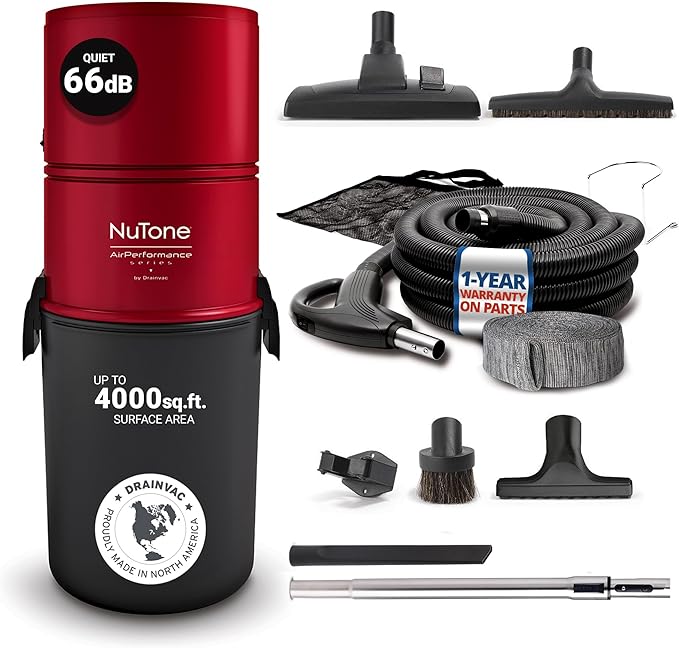 Broan-nutone 550 Air watts Central Vacuum System and Deluxe Multi-Surface Tool Set for Cleaning Floors,Carpets, Anti-Vibration, Powerful Suction