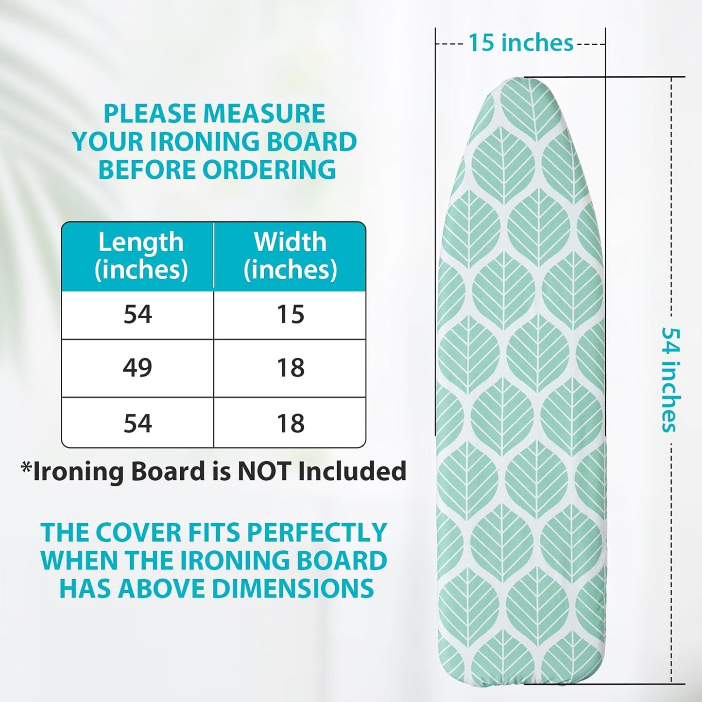 Ironing Board Cover and Pad, Standard Size 15 x 54, Thick Padding with Elasticized Edges, Heat Reflective with Hook and Loop Fasteners, 3 Layers Iron Board Cover (Green Leaf)