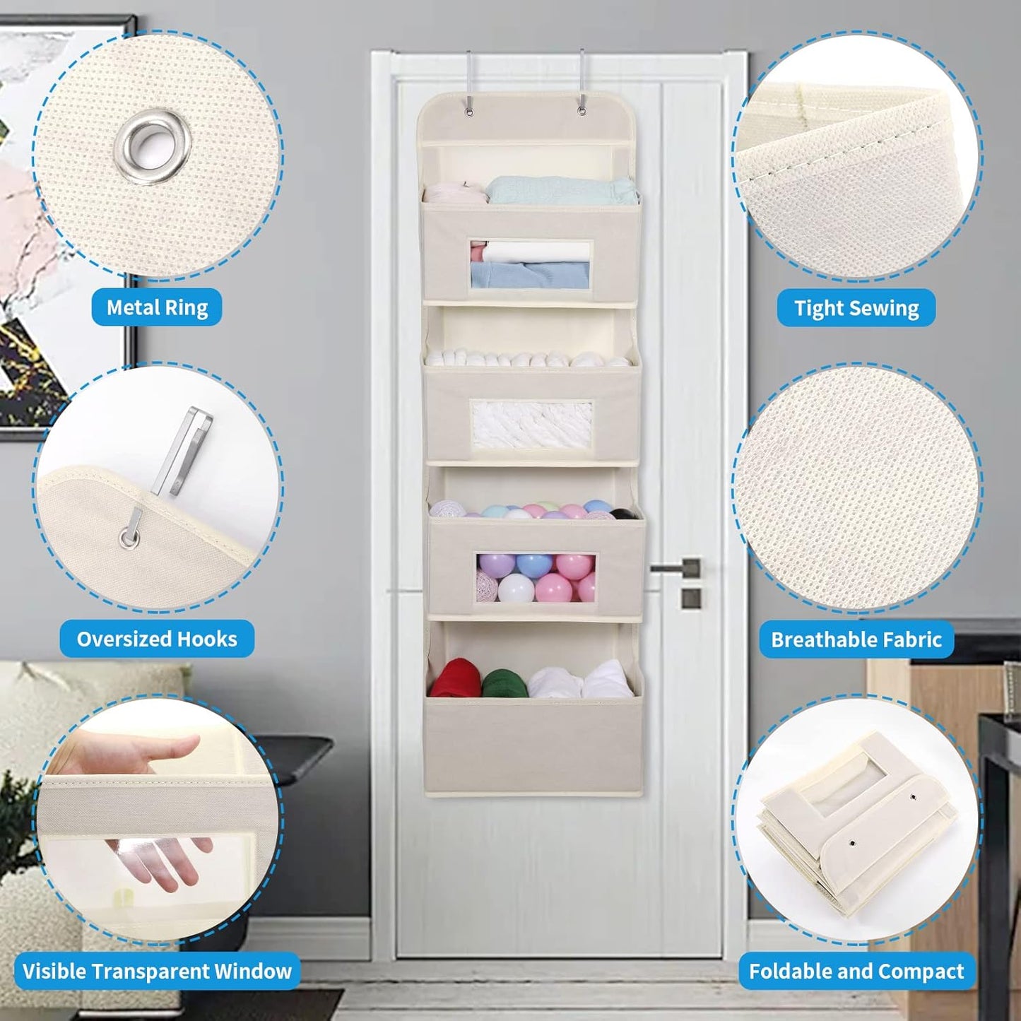 MAX Houser 4-Shelf Over The Door Hanging Organizer with 2 Metal Hooks, 4 Pocket Swing-Proof Behind Door Organizers with Clear Windows for Nursery Bathroom Closet,Dorm,Baby Diapers, Kids Toys (Beige)