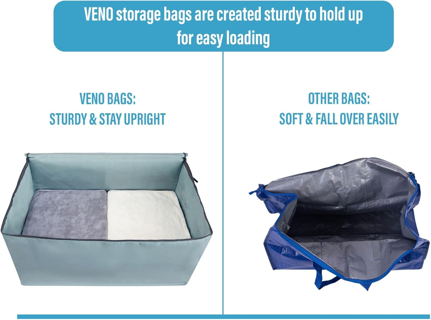 VENO 10 Pack Moving and Storage Bags, Heavy Duty, Alternative to Moving Boxes, Large Packing Totes Supplies for College Dorm Room with Zipper for Clothes, Wide Open Design (Light Blue Matte, 10 Pack)
