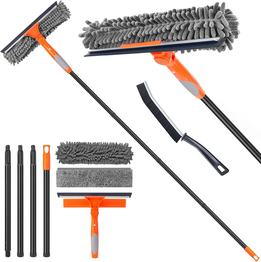 Window Cleaner Tool for Home, 59.5'' Squeegee Kit for Car Windshield, Shower Door, Mirror Cleaning, 2 in 1 Outdoor Glass Washer with Extension Pole