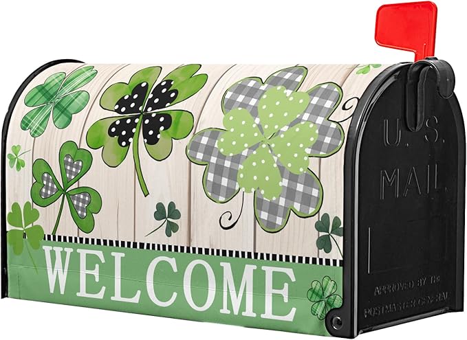 Welcome St Patrick's Day Holiday Magnetic Mailbox Covers Standard Size 21x18in Lucky Shamrocks Clover Mail Box Wraps Green Leaves Wooden Decorative Letter Post Box Cover for Home Garden Outside