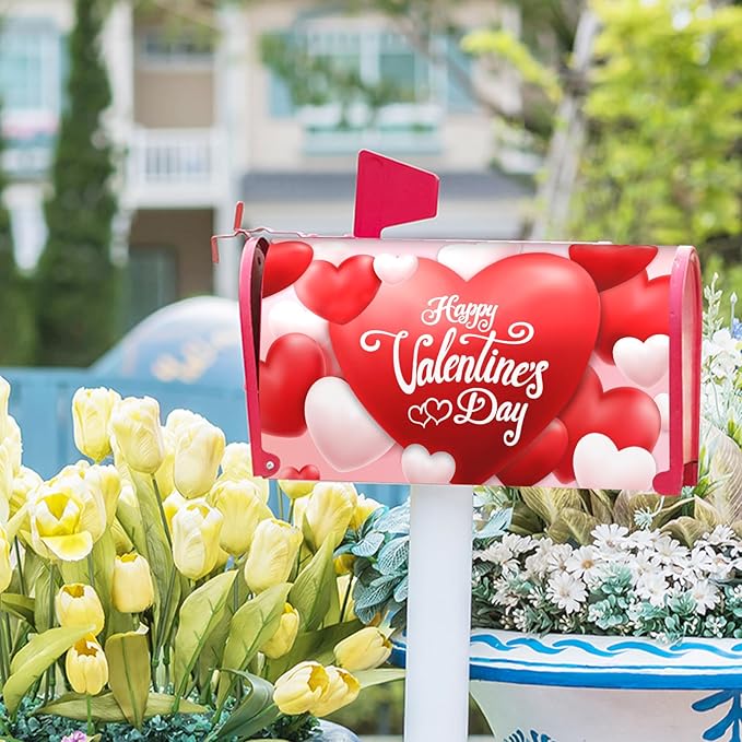 Happy Valentine's Day Magnetic Mailbox Cover - Red and Pink Love Heart Design - Standard Size 25.5x21 Inch for Home Outdoor Garden Decorations