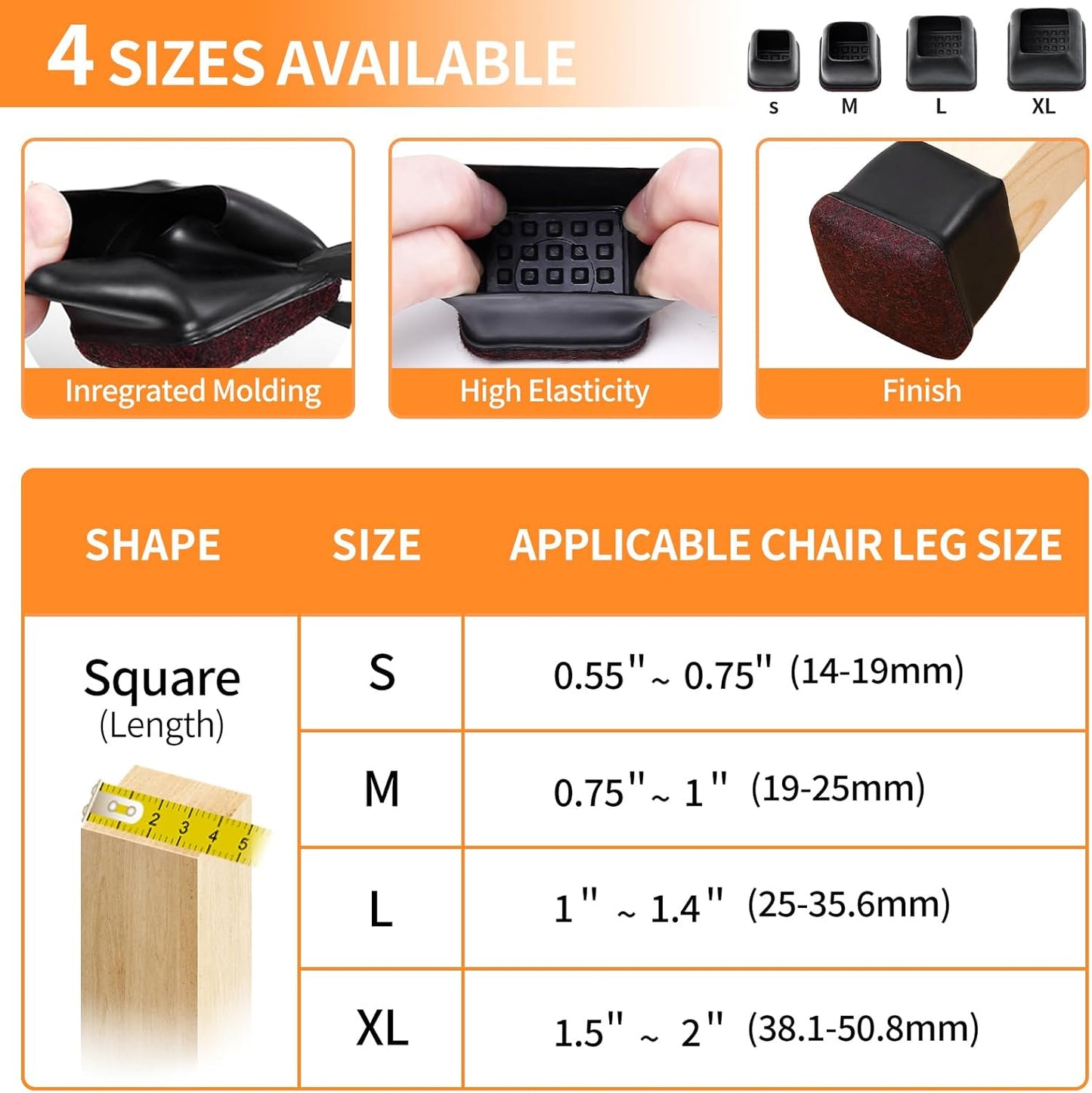 Ezprotekt 24 Pcs Square Chair Leg Floor Protectors for Hardwood Floors, Silicone Felt Furniture Pads, Table Chair Leg Cups Covers, Bar Stools Leg Protectors Caps (XL Fit: 1.5" - 2", Black)