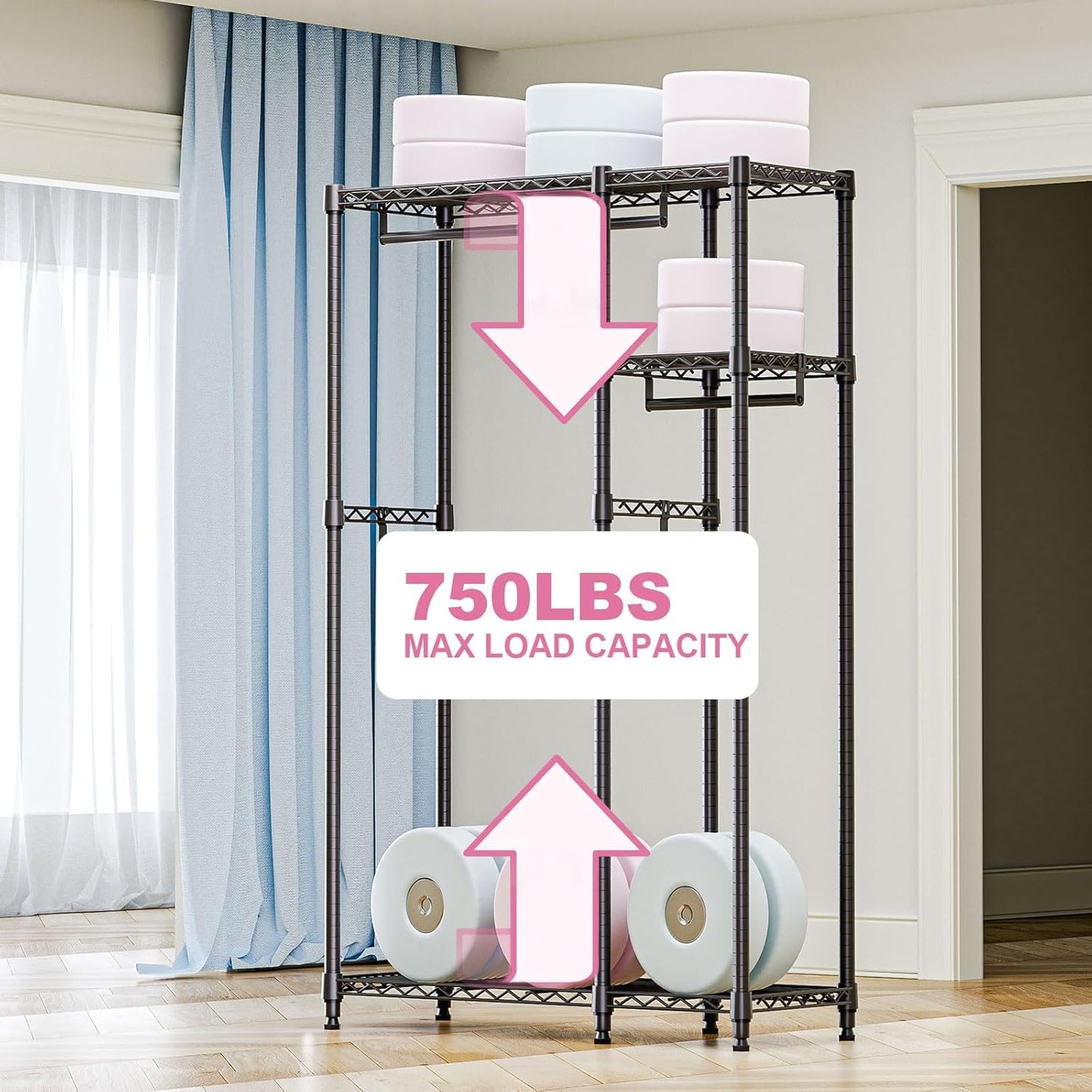 Heavy Duty Rolling Garment Rack 3 Tiers Adjustable Wire Shelving Clothes Rack with 1 Rods and Side Hooks,Storage Closet Clothing Rack Black 15.7" D x 43.3" W x 76.5" H