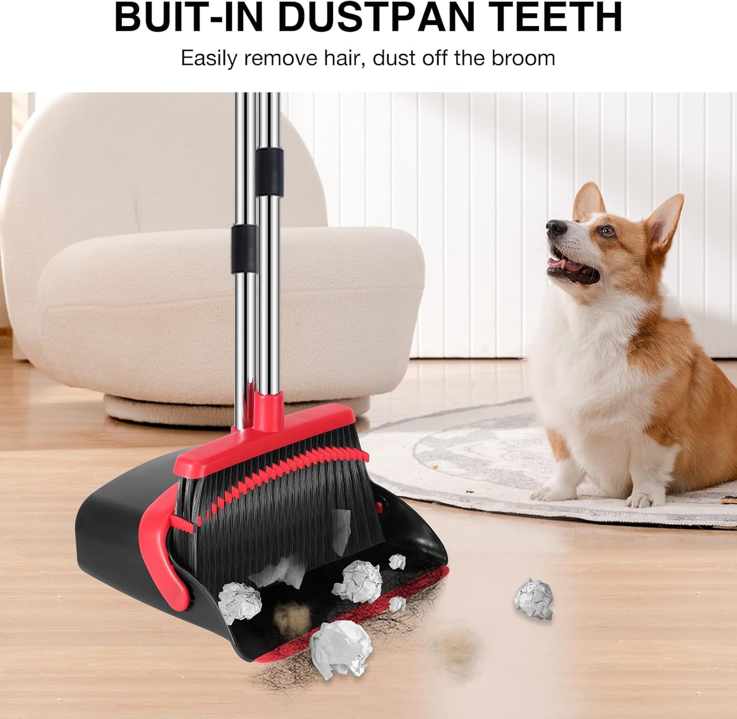 NACENA Broom and Dustpan Set, 52-in Long Adjustable Handle Broom Dustpan Combo with Dustpan Teeth to Automatically Clean Hair Suitable for Home Kitchen Office Hall Floor（Black&Red）