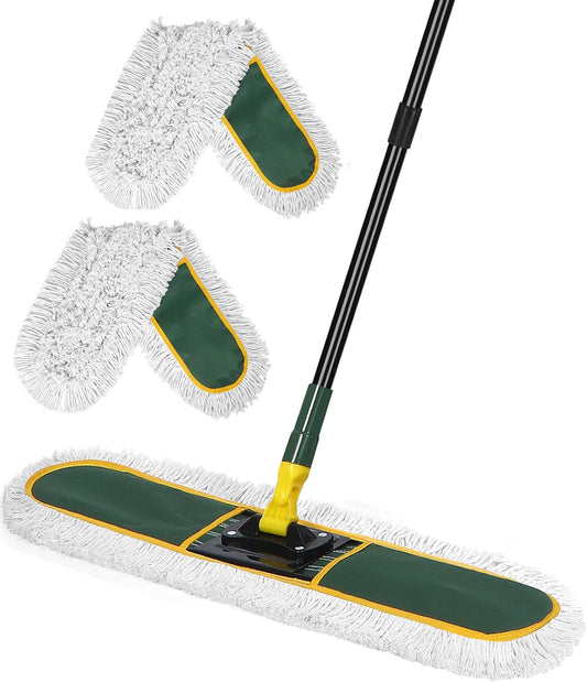 24" Commercial Dust Mop for Floor Cleaning, Heavy Duty Large Mop with Replacement Mops Pads, Industrial Duster Floor Wet Dry Broom for Cleaning Office Garage Hardwood Warehouse (Green, 24" mop)