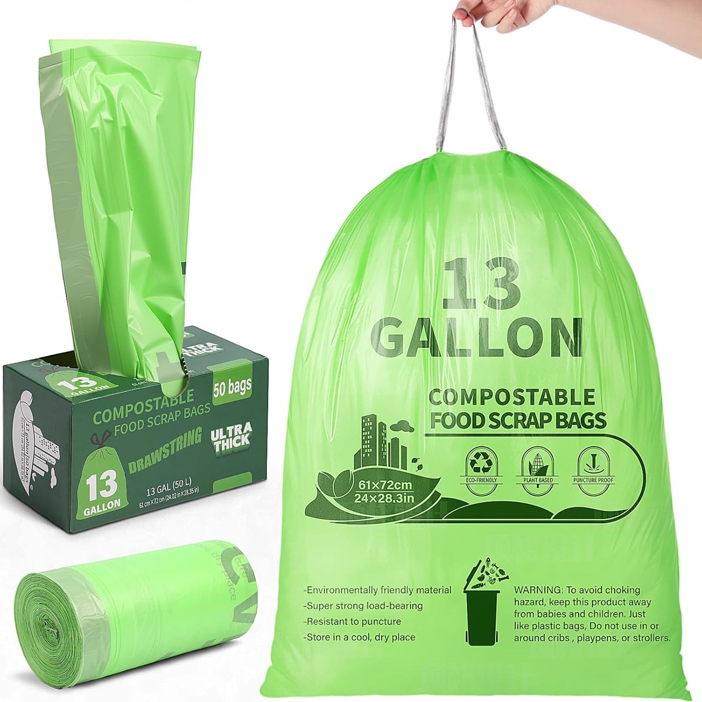 Amyhill 50 Count Compostable Kitchen Trash Bags 13 Gallon Compostable Drawstring Kitchen Waste Garbage Bags 49.2 Liter, 1.575 Mil for Bathroom Home Bedroom Office Garbage