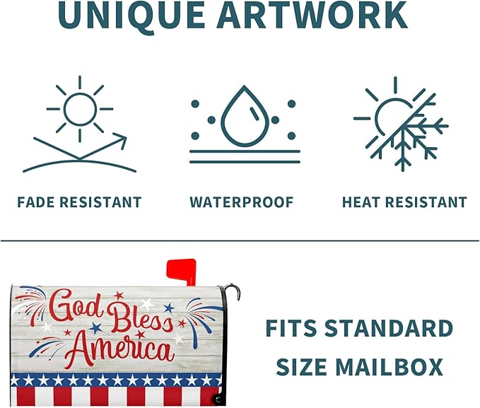 God Bless America Magnetic Mailbox Cover Happy 4th of July Independence Day Post Letter Box Wrap Standard Size 21’’x18’’ Happy Holiday Postbox Covers for Home Outdoor Garden Yard