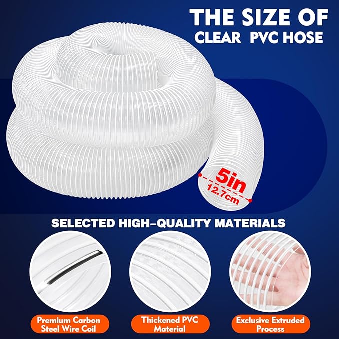 5" x 10' PVC Dust Collection Hose, Puncture-Resistant, Heavy-Duty Flexible Clear Fume Hose with Carbon Steel Wire Coil for Dust Collection Systems, Woodworking, Workshops