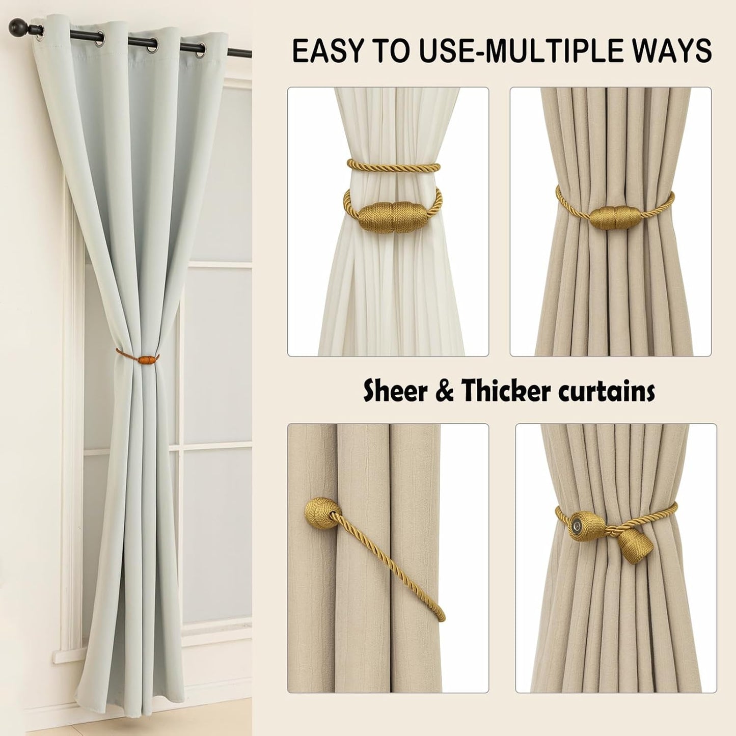 Magnetic Curtain Tiebacks Rope Curtain Tie Backs for Curtains 8 Pack Curtain Holders for Drapes Decorative Window Curtain Holdbacks, Gold