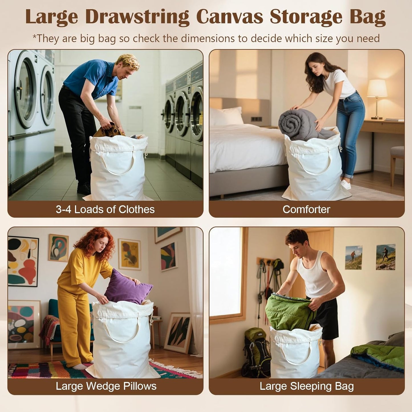 Canvas Laundry Bag 33"x 35", Thick Cotton Laundry Bag with Handles & Drawstring, Extra Large Heavy Duty Washable Basket Liner Hamper Liner Canvas Storage Sack (Beige XL, 1 Pack)