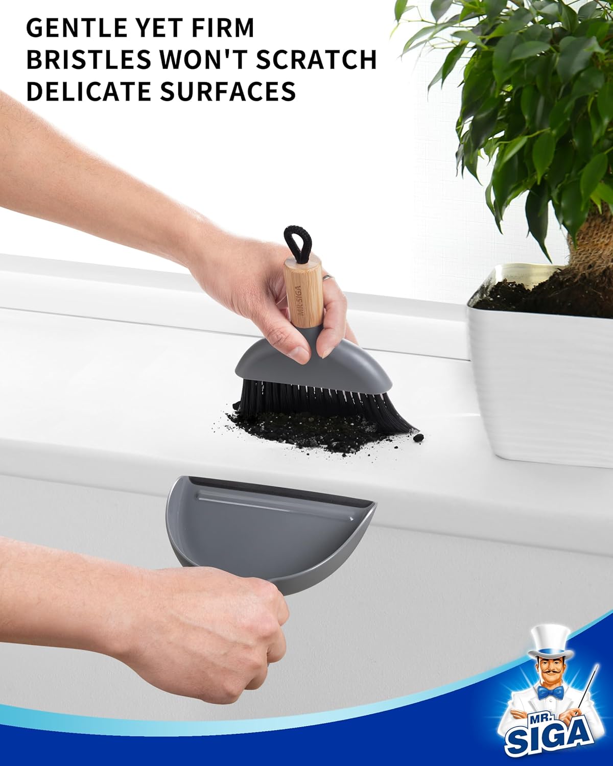 MR.SIGA Mini Dustpan and Brush Set, Portable Cleaning Brush and Dustpan Combo with Bamboo Handle, Gray, 1 Set