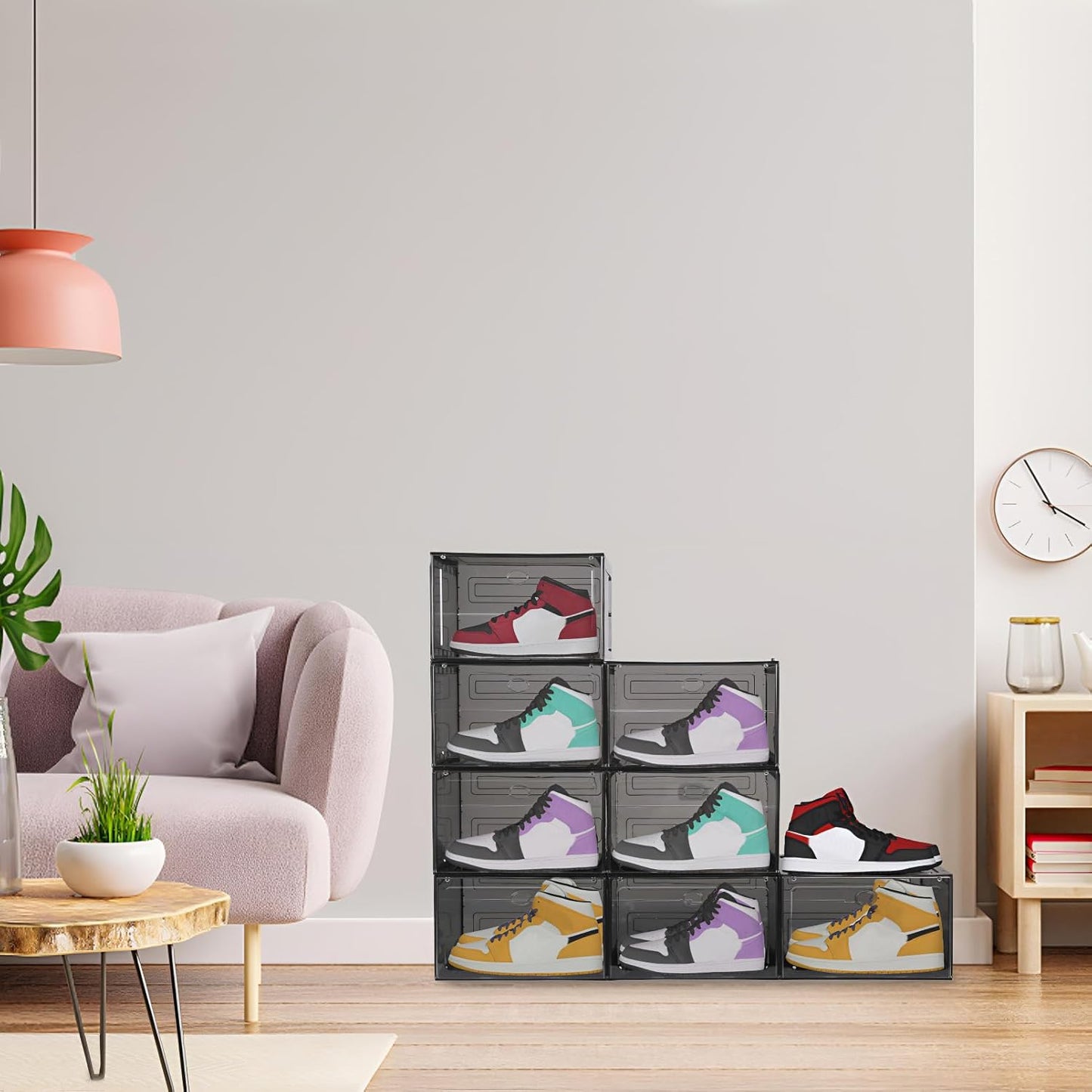 Large Shoe Boxes Clear Plastic Stackable, 8 Pack Drop Side Shoe Storage Boxes with Magnetic Door, Shoe Storage Organizer Sneaker Storage Display Fit up to US Size 13 Black