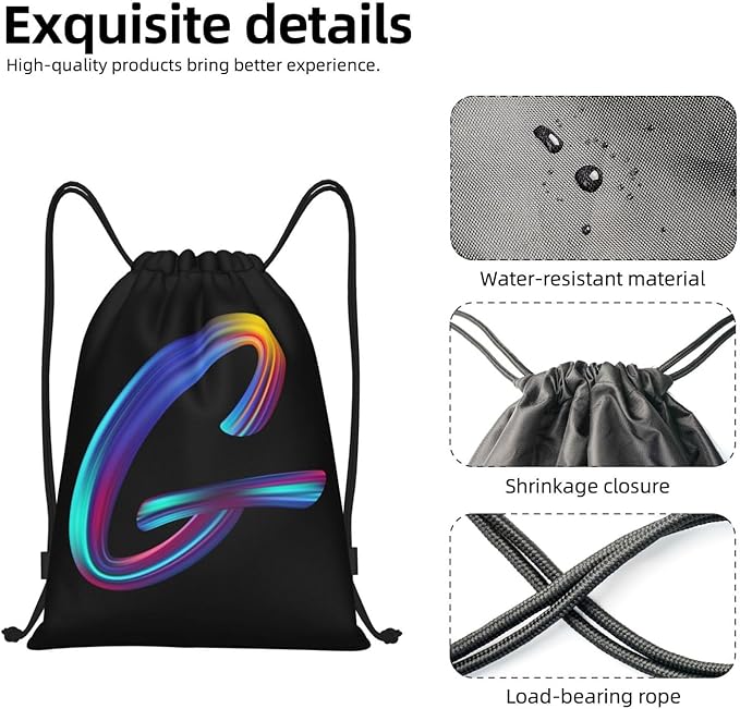 Drawstring Bags Initial Drawstring Backpack Sackpack Black Draw String Cinch Bags for Sports, Gym, Travel, Swimming, Beach, Camping, Rainbow Letter G