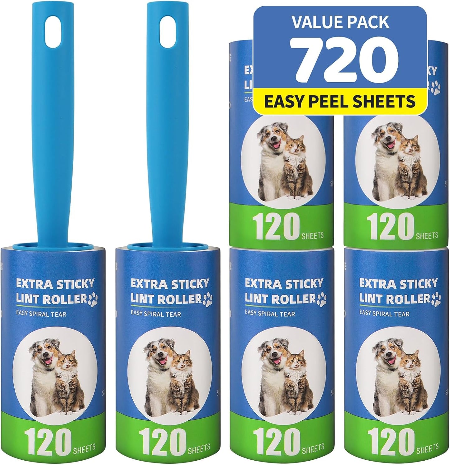 Extra Sticky Lint Roller Refills 6 Pack (720 Sheets) fit 3.8"-4" Standard Size Lint Roller Sticker with Handle, Inner Diameter at 1.5" for Pet Hair, Clothes, Furniture, Cars