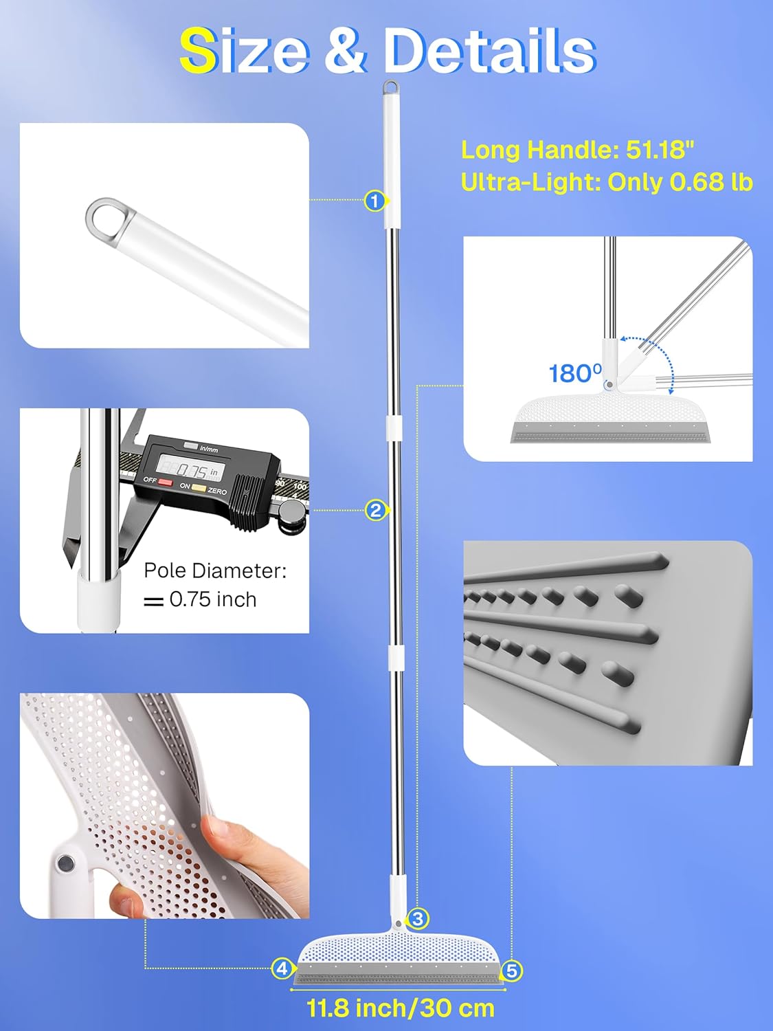 Floor Squeegee & Broom with Long Handle, 180° Rotating Head Silicone Blade Removes Water & Pet Hair | Squeegee for Tile, Shower Glass, Windows, Garage, Deck & Patio