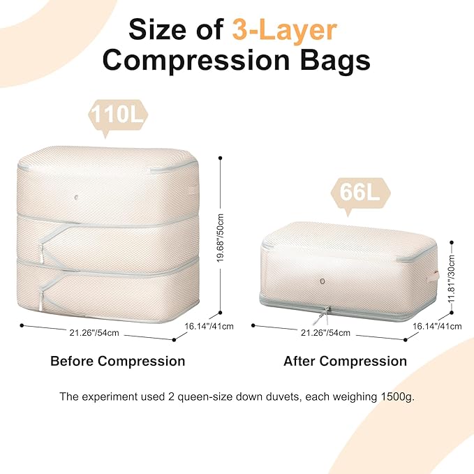 DIMJ Comforter Storage Bag - Large Capacity Ultra Space Saving Self Compression Organize for Duvet, Pillow, Bedding, Blanket Storage Organizer Nylon Compression Bags, Sheet Storage, Beige, 4 Pack