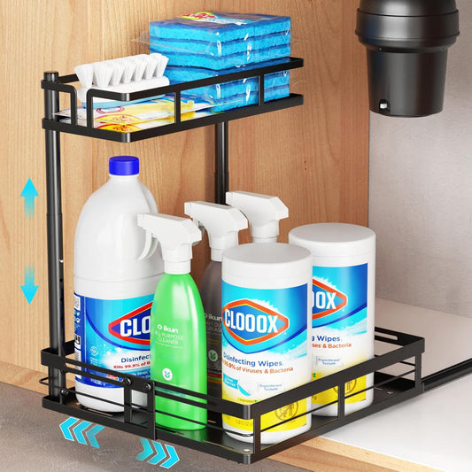 iSPECLE Under Kitchen Sink Organizer - 2 Tier Pull Out Under Sink Organizer Expandable Width Add Storage Space, Adjustable Height Easy Get Items without Digging, No Drilling Under Sink Storage