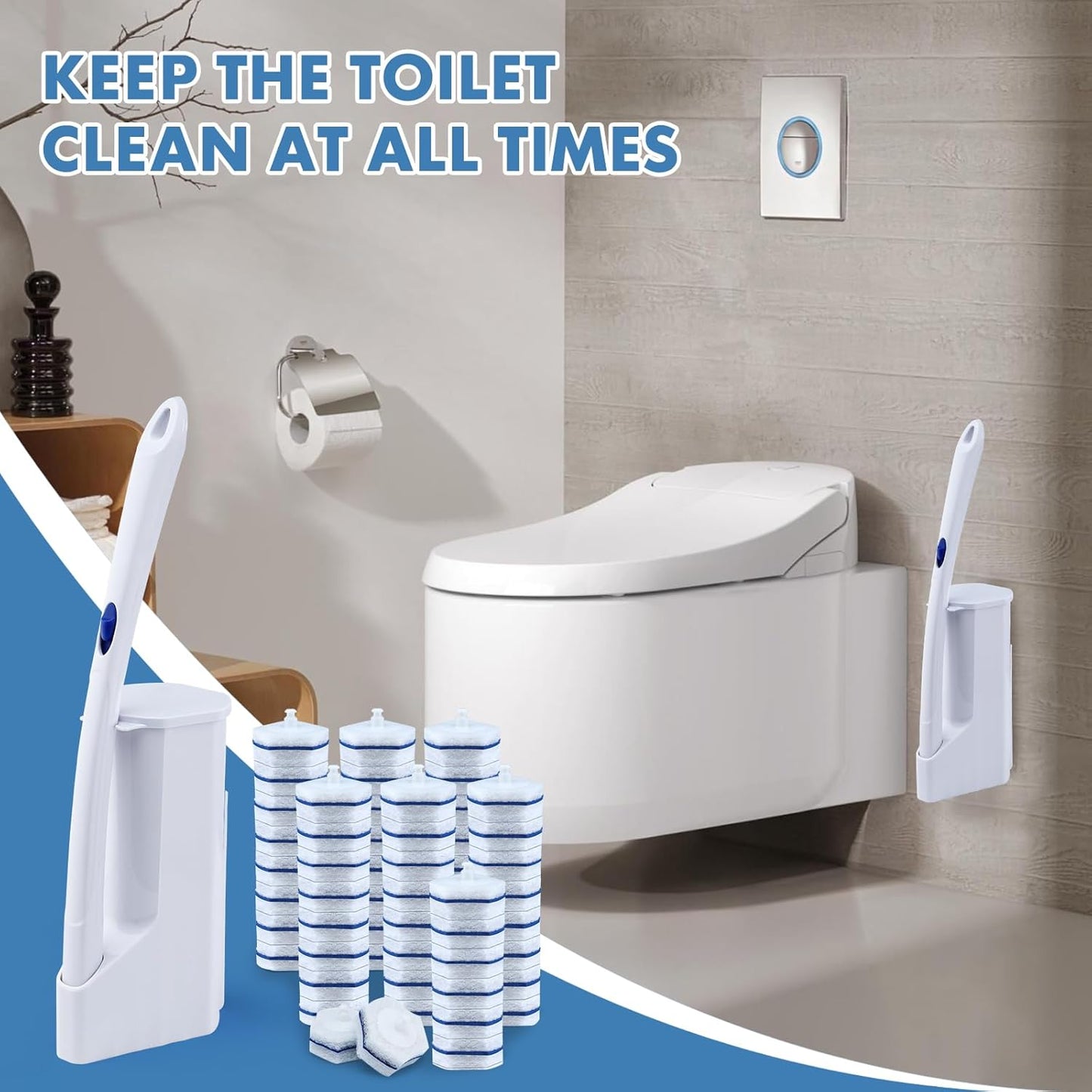 COBETE Disposable Toilet Brush Wand 2 Kit with 40 Refills, Efficient Deep Scrubbing Toilet Bowl Cleaner Wand for Bathroom Toilet Cleaning