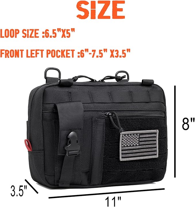 Tactical Molle Admin Pouch of Laser Cut Design,Medical EMT Organizer with Phone Pouch,EDC EMT Pack IFAK Tool Holder with US Patch (Large Black-Without Accessories)