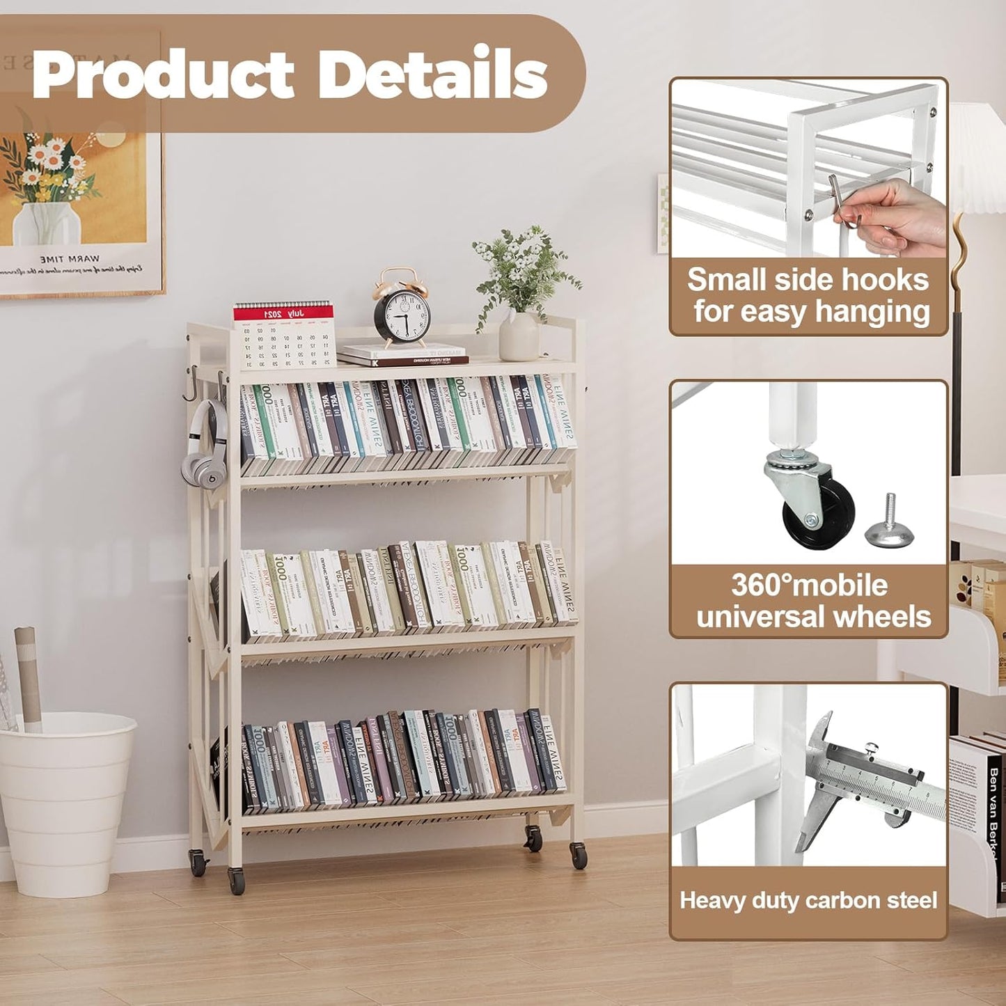 Book Carts 4 Tier 46.5x35.4x9.84 in Rolling Book Cart Large Capacity Bookshelf Storage Rack Mobile Book Storage with Wheels Cart for Home Office Living Room Classroom (White)