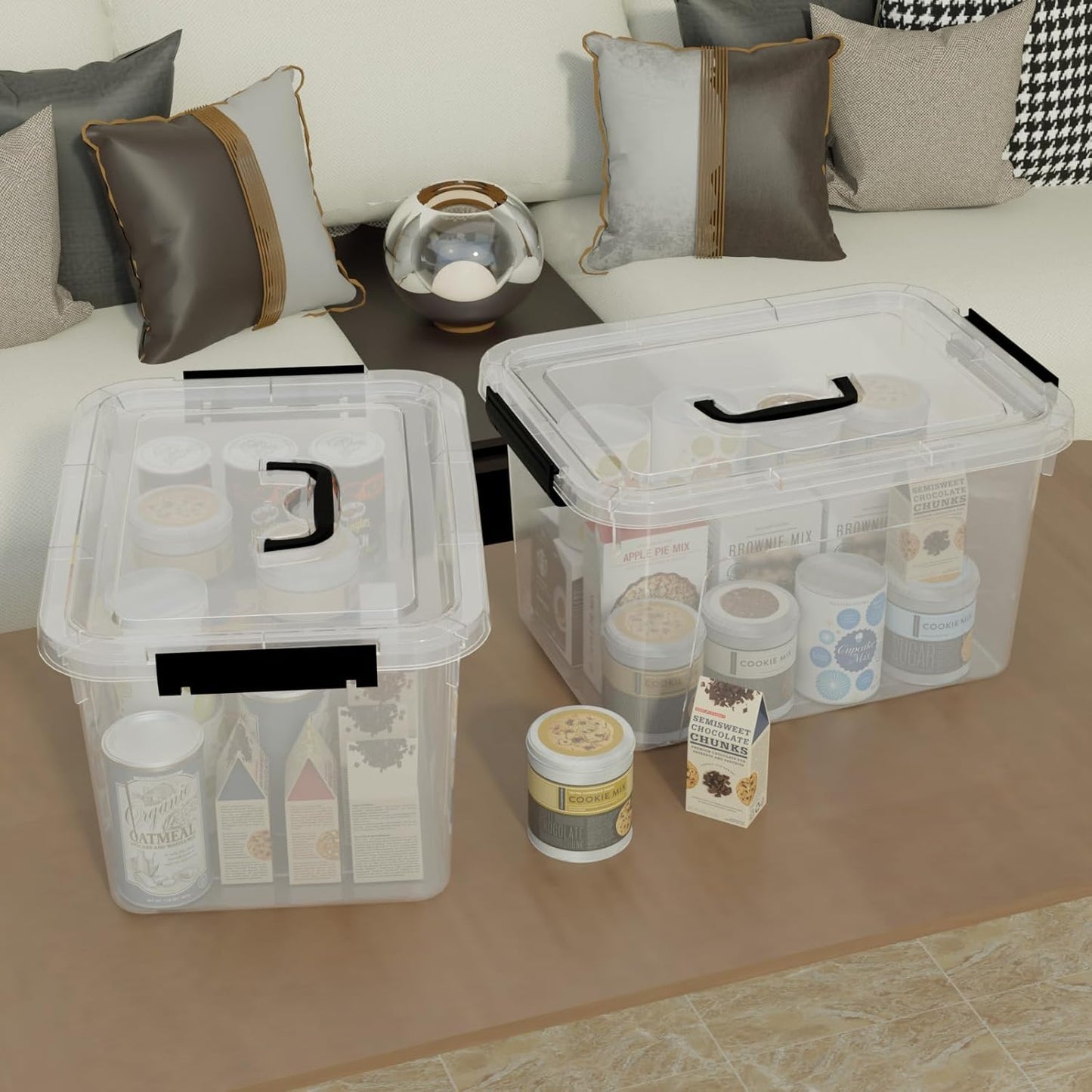 10.5 L Clear Latch Storage Bin with Lid, 4 Packs Plastic Organizing Box with Black Handle