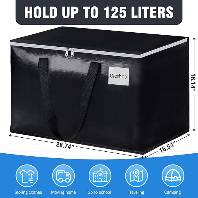 BlissTotes Moving Bags, Heavy Duty Moving Boxes with Zippers Top and Sturdy Handles, Storage Bags for Space Saving and Packing, Collapsible Moving Supplies, Storage Totes (125L, 8-Pack, Black)