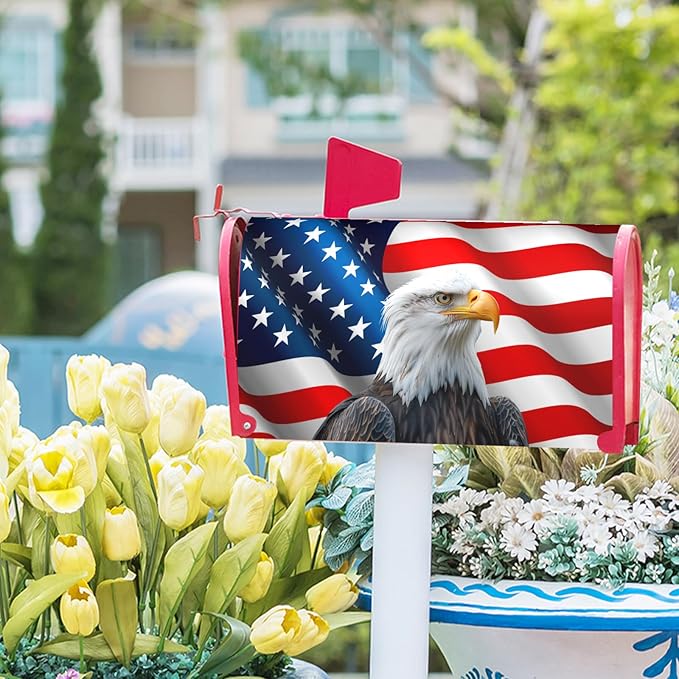 USA Flag Bald Eagle Patriotic Mailbox Cover 4th of July American Flag Magnetic Mailbox Covers Happy Independence Day Waterproof Post Letter Box Wraps for Outdoor Garden Yard Home 25.5x21 in