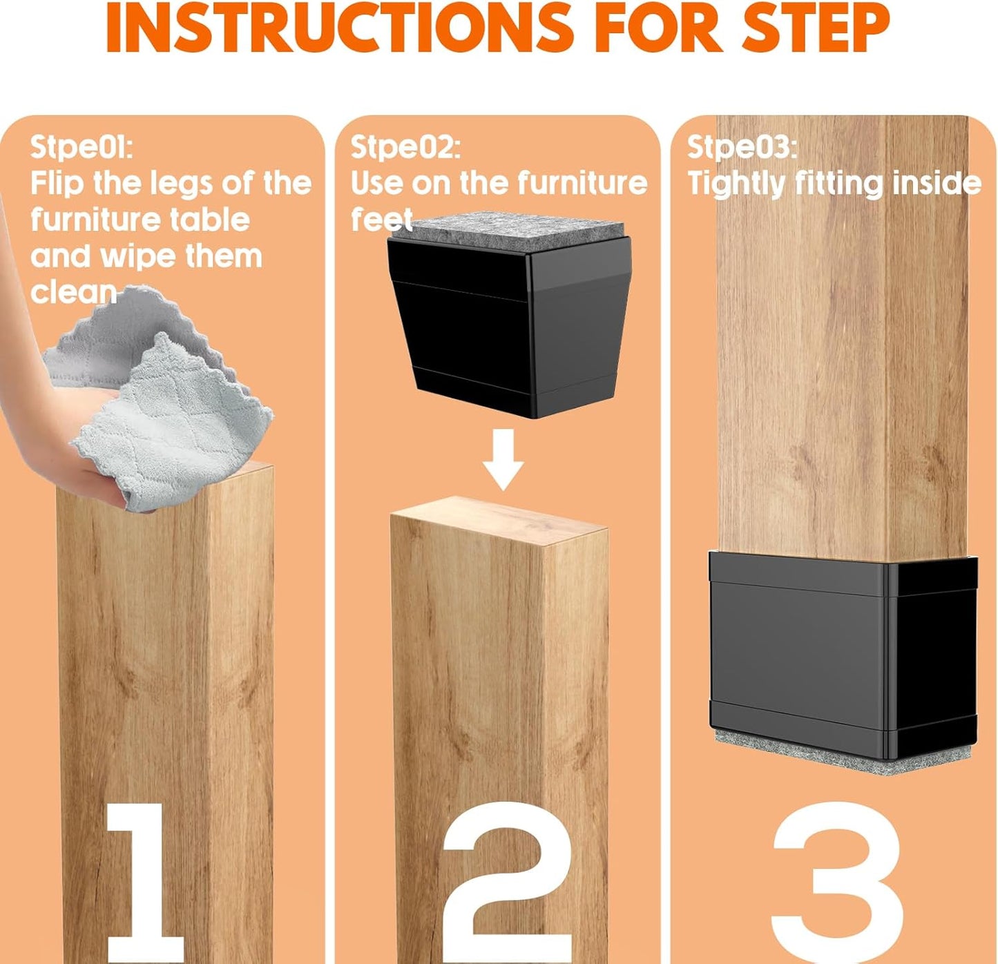 Rectangle Chair Leg Protectors for Hardwood Floors,16 PCS Silicone Covers to Protect Wood Tile Floors Felt Pads Furniture Leg Caps Reduce Noise. Easy to Move.(Black,1 x 1.75 Inch,Rectangle)