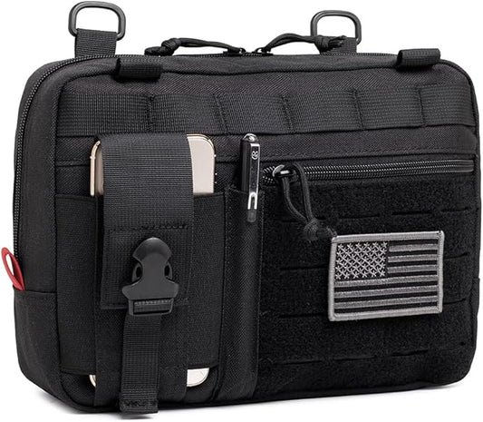 Tactical Molle Admin Pouch of Laser Cut Design,Medical EMT Organizer with Phone Pouch,EDC EMT Pack IFAK Tool Holder with US Patch (Large Black-Without Accessories)